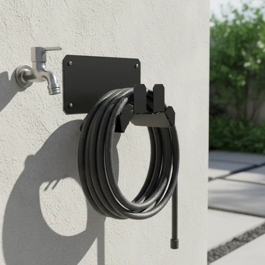Wall-mounted hose holder with coiled garden hose attached to a concrete wall.