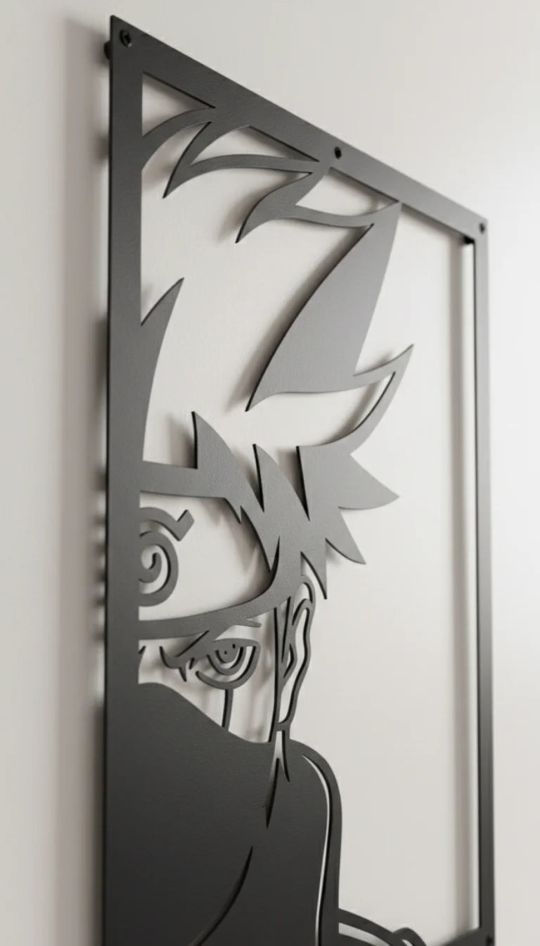 Decorative metal kakashi hatake panel with abstract design on a white wall