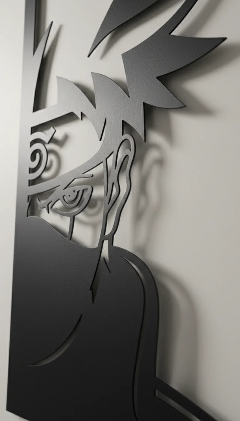 Decorative black metal kakashi sensie wall art with abstract designs on a light gray background