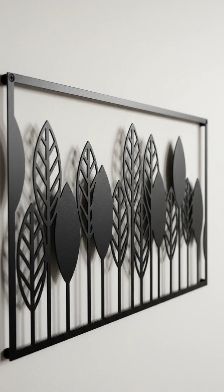 Decorative metal wall art with leaf patterns on a white background