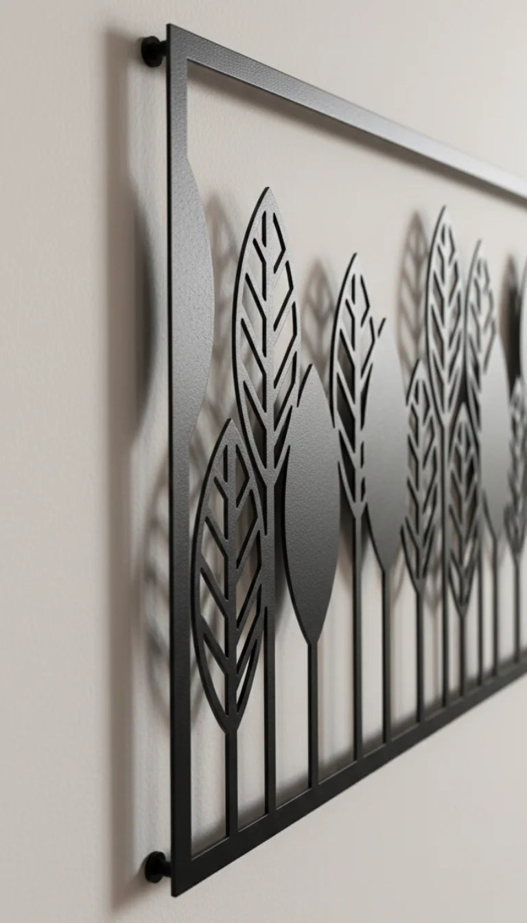 Decorative metal wall art with feather designs on a plain background