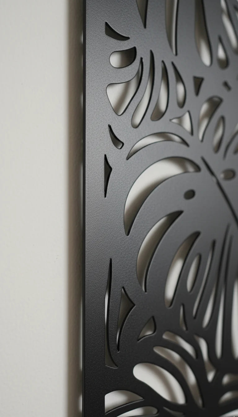 Decorative metal panel with intricate cut-out design on a plain background