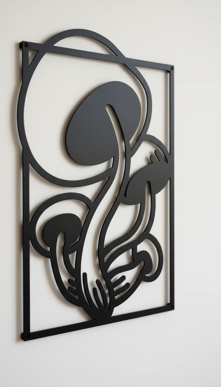Decorative metal wall art with abstract design on a white background