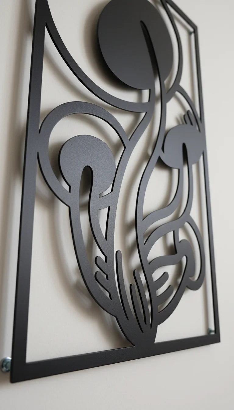 Decorative metal wall art with abstract design on a plain background
