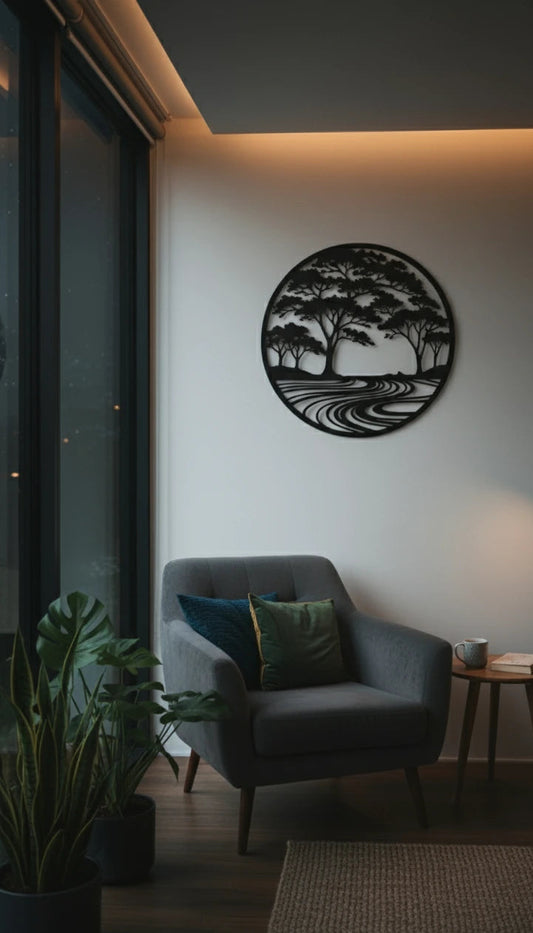 Modern living room with a gray armchair, decorative wall art, and a plant.