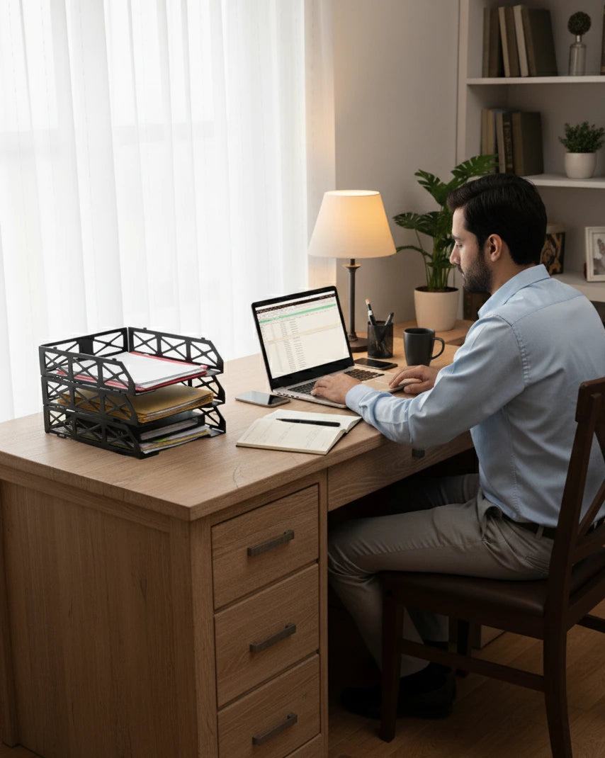 Man working at a desk with a laptop and office supplies in a home office setting. paper tray sets beside him on the table