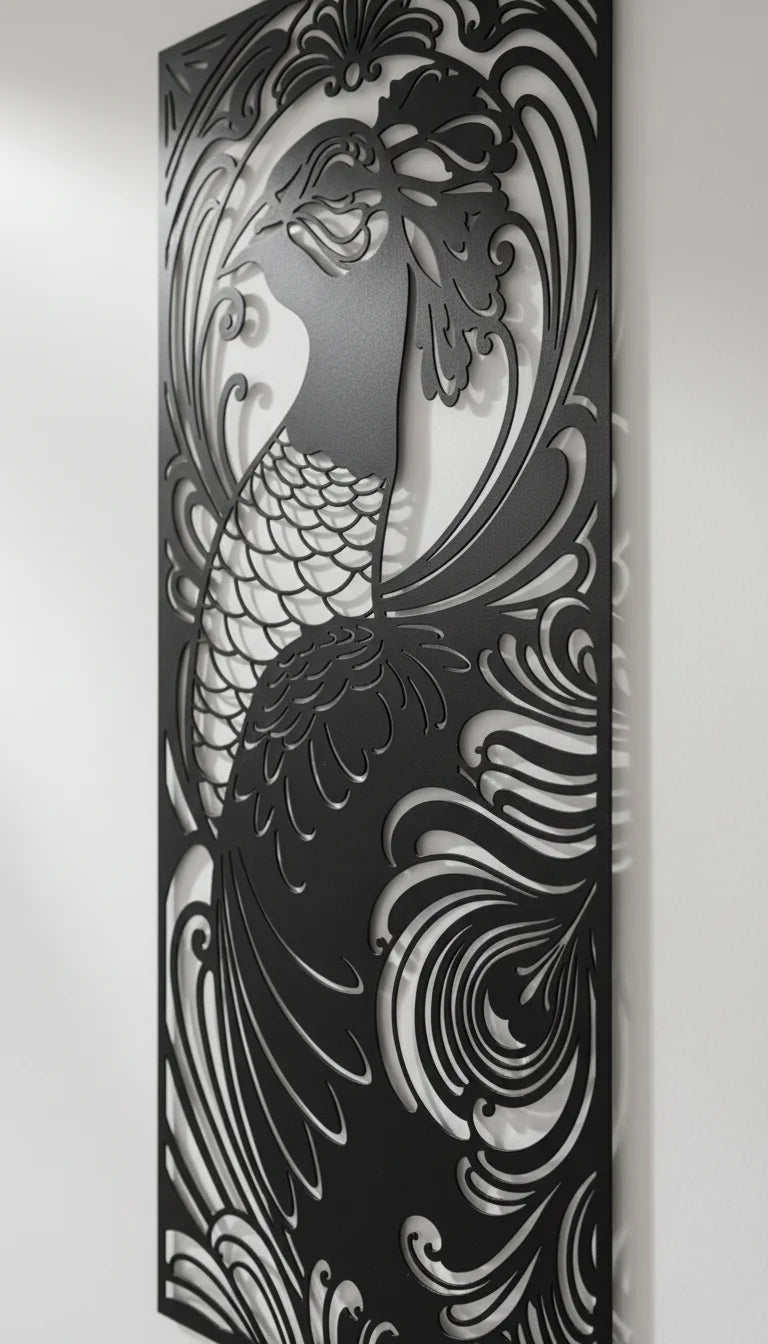 Decorative metal panel with peacock design on a plain background