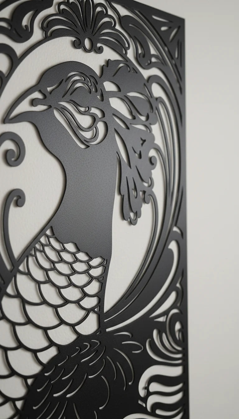 Decorative metal panel with intricate cut-out design of a peacock on a gray background