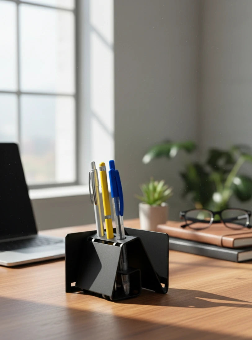 Black pen holder with pens on a desk in an office setting