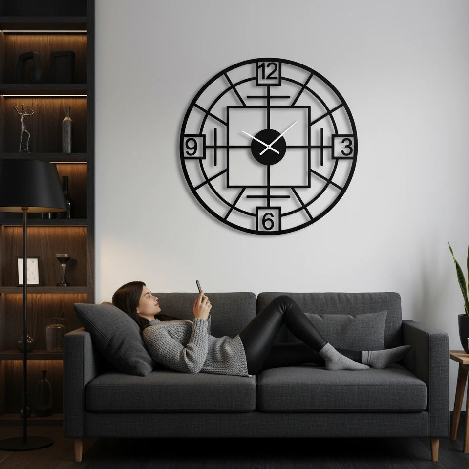 Person lounging on a gray sofa in a living room with a large decorative wall clock.
