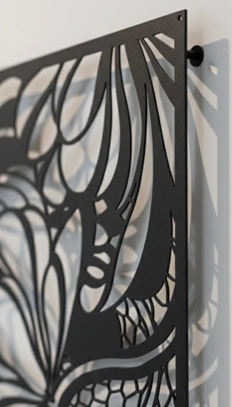 Decorative metal panel with intricate cut-out design on a white wall.