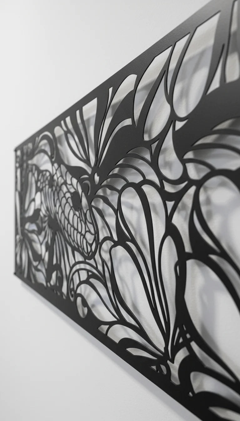 Decorative metal wall art with black and white abstract design on a white background