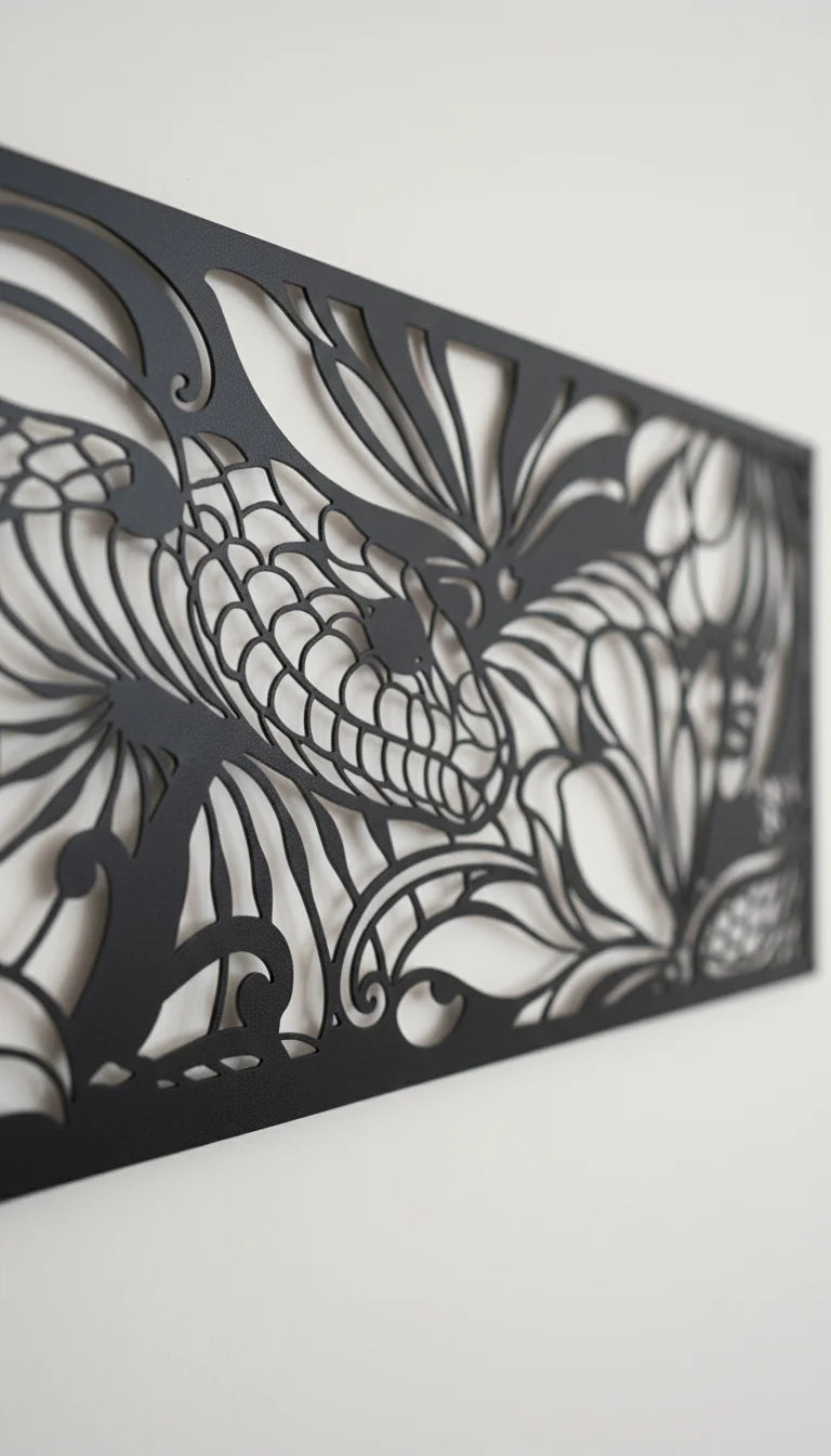 Decorative snake metal panel with cut-out floral design on a white background