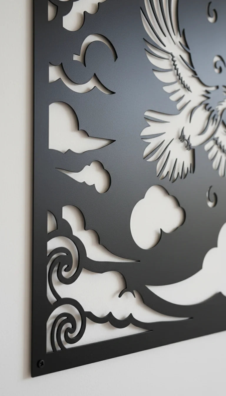 Decorative metal panel with cut-out designs of a bird, butterfly, and abstract shapes on a white background.