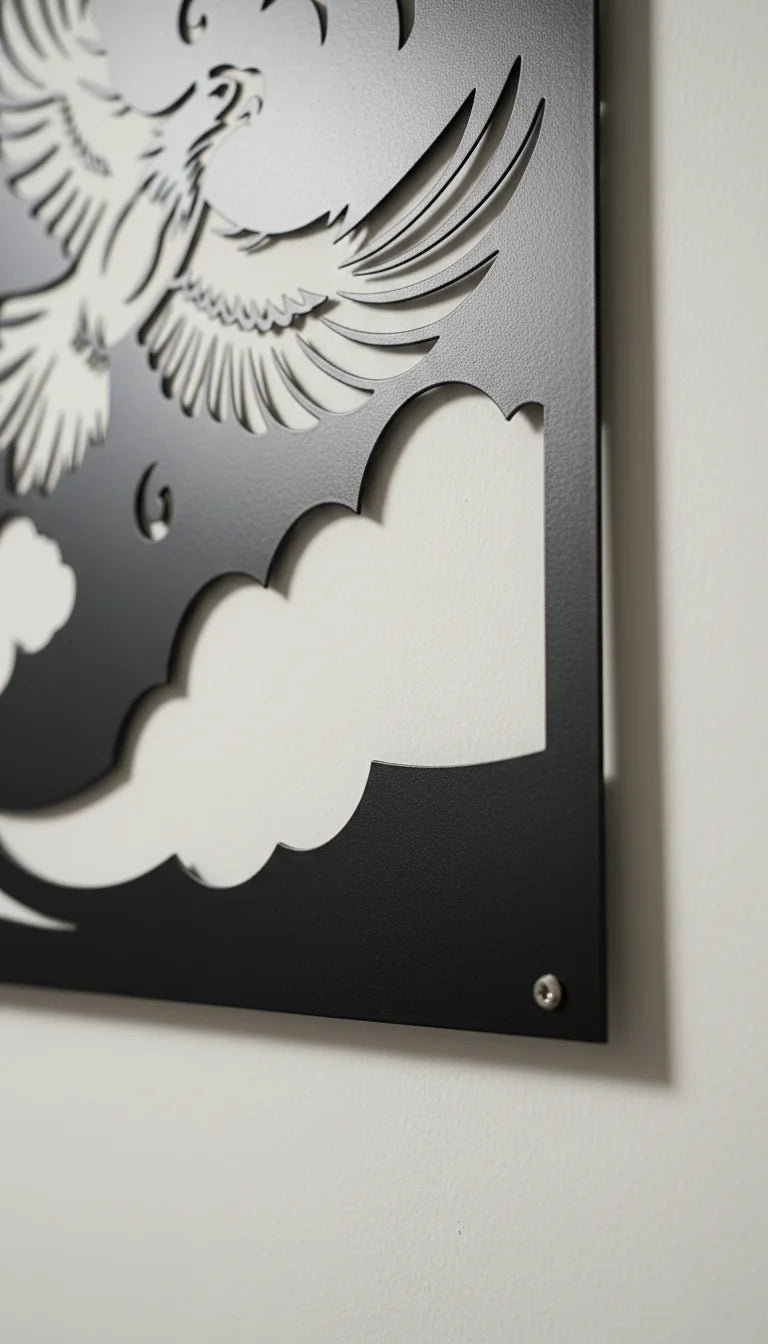 Decorative metal wall art with a phoenix and cloud design on a plain background