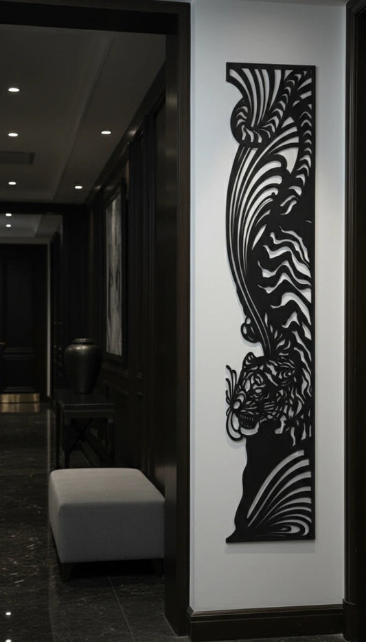 Decorative wall art with a tiger design on a white wall in a modern interior setting.