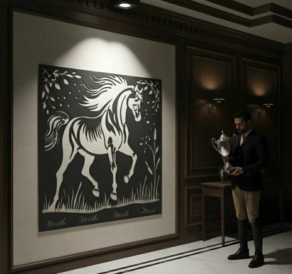 Man holding a trophy in a room with a large framed artwork of a horse.