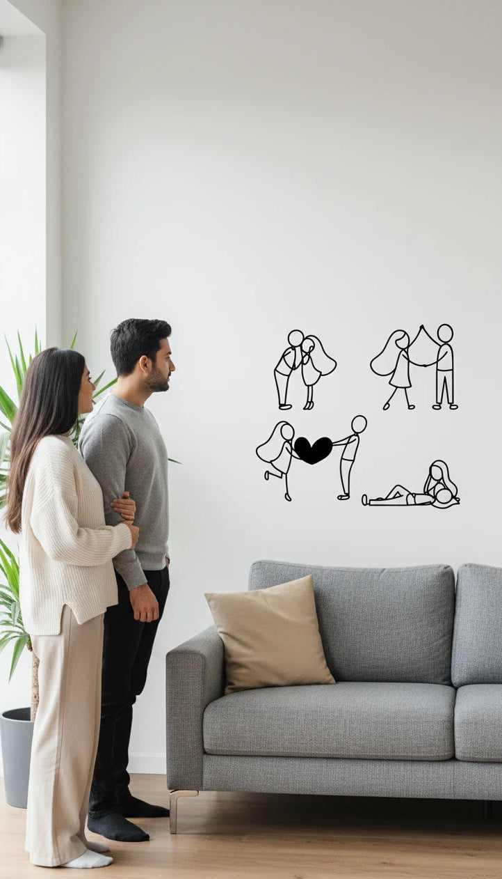 Two people standing in a living room with a wall decal of a couple holding hands.
