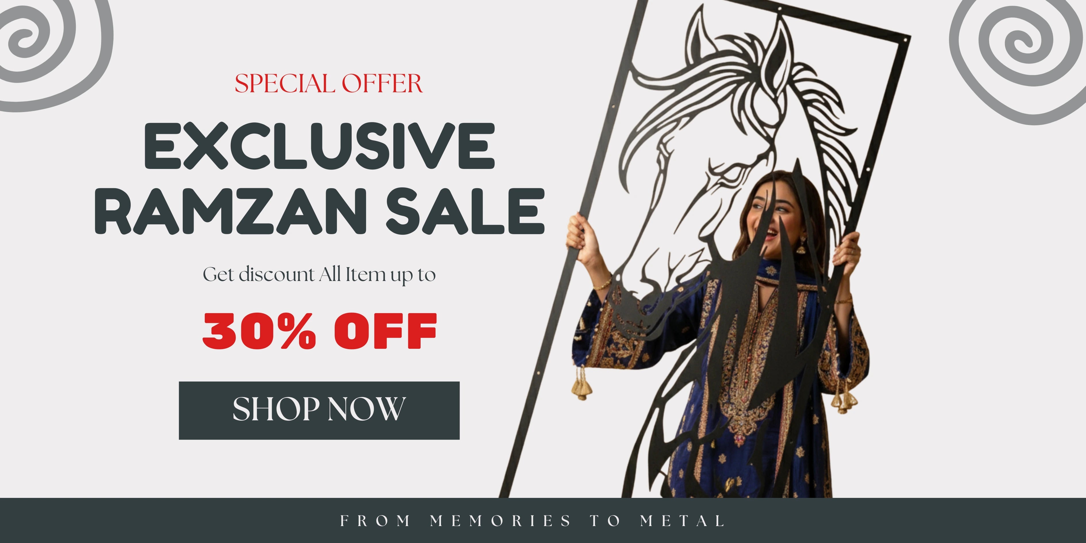 Promotional banner for an exclusive Ramzan sale with a woman holding a decorative item.