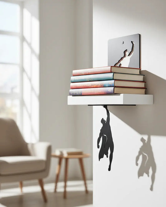 Wall-mounted shelf with books and a decorative plate casting shadows on a wall.