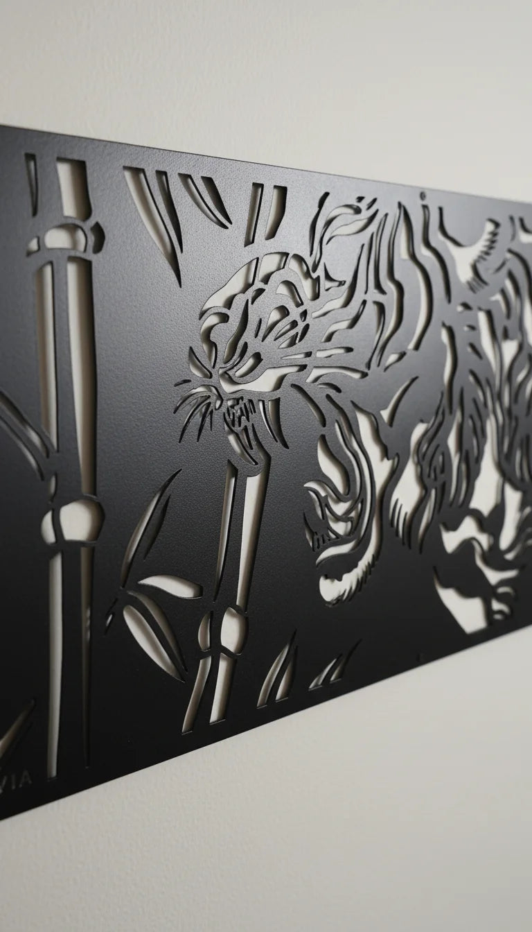 Decorative metal panel with laser-cut tiger design on a plain background