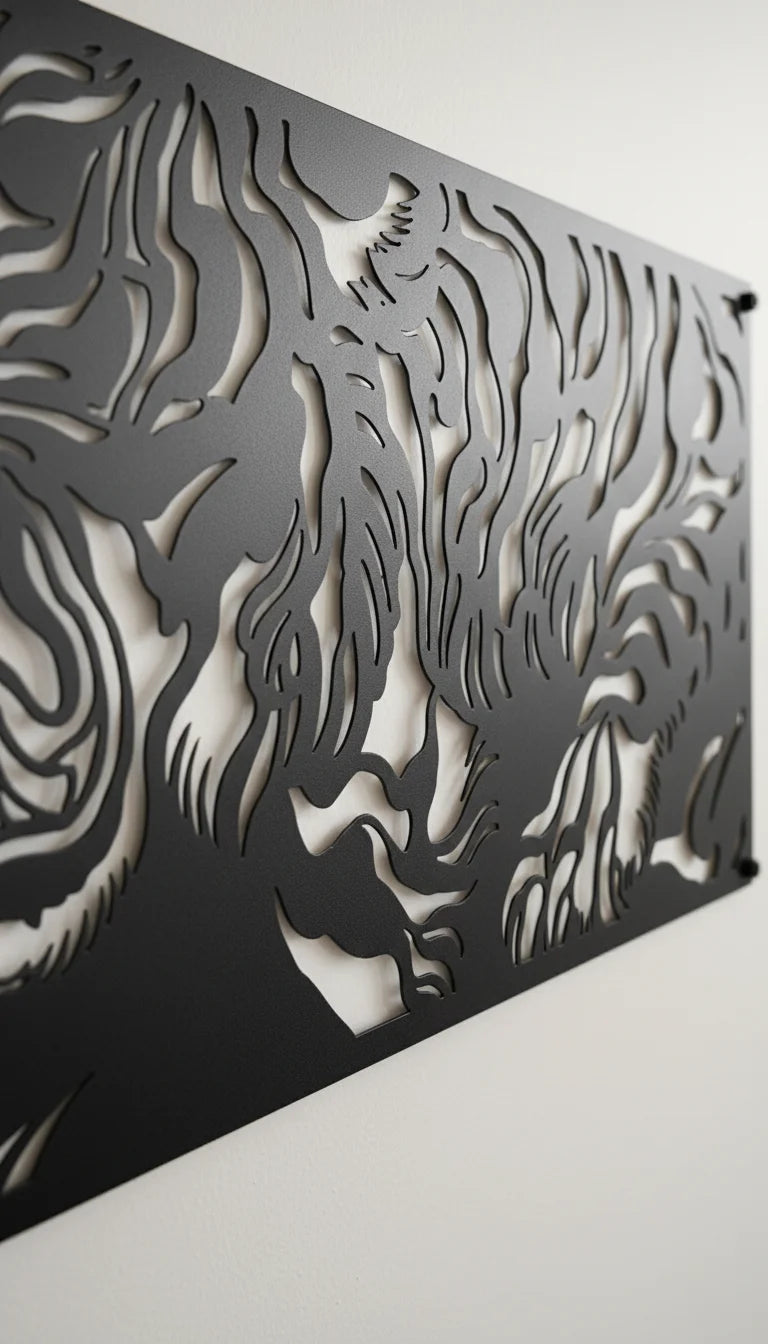 Decorative metal panel with laser-cut tiger design on a white background