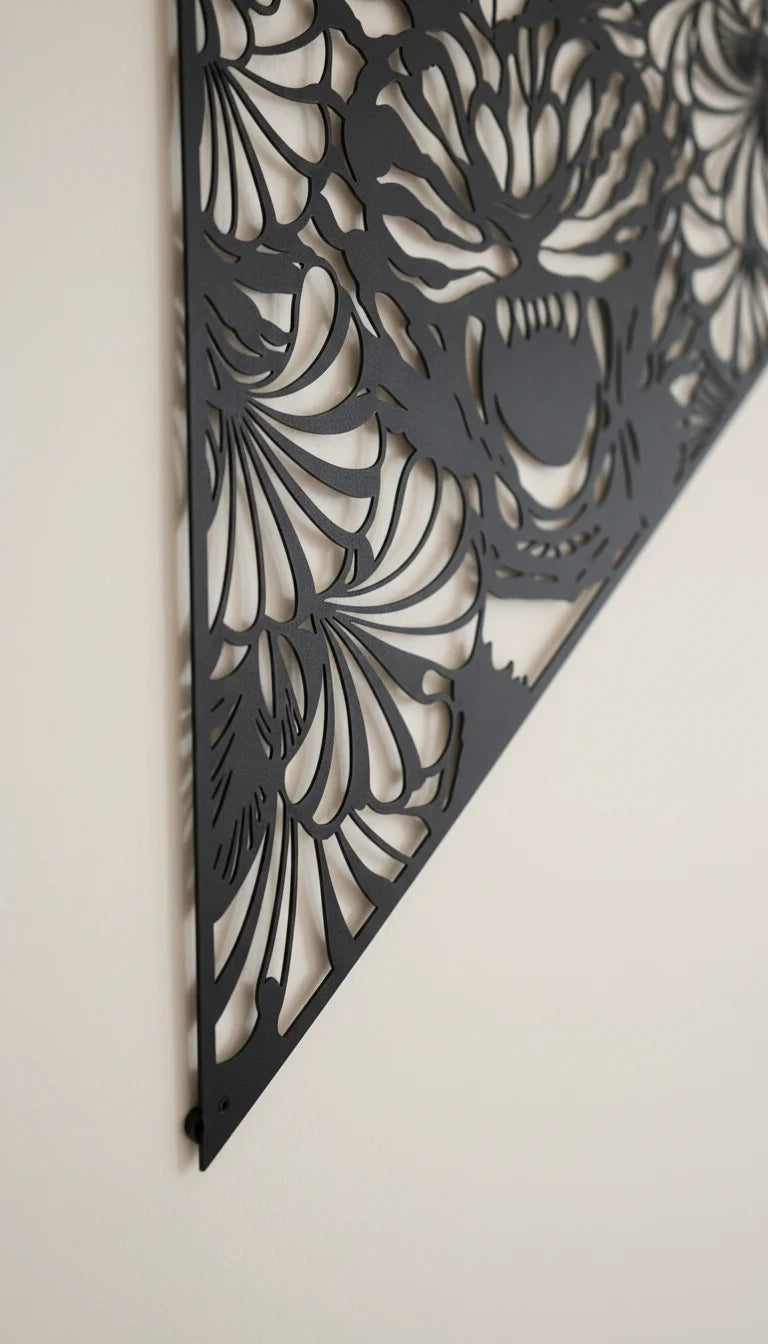 Black laser-cut decorative tiger wall panel with abstract patterns on a white background