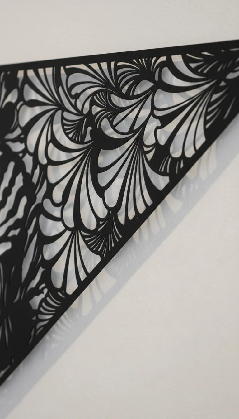 Black laser-cut decorative tiger wall panel with abstract patterns on a white background