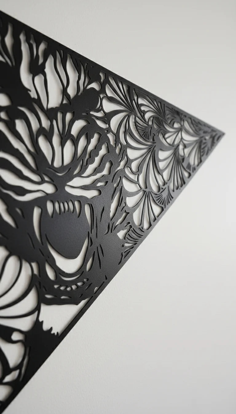 Black laser-cut decorative tiger wall panel with abstract patterns on a white background