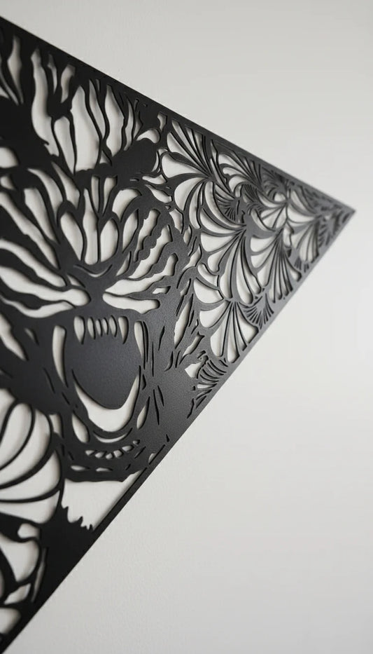 Black laser-cut decorative tiger wall panel with abstract patterns on a white background