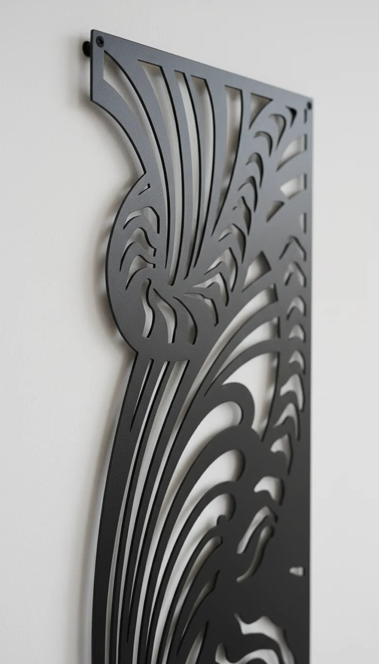 Decorative metal panel with intricate cut-out design on a plain background