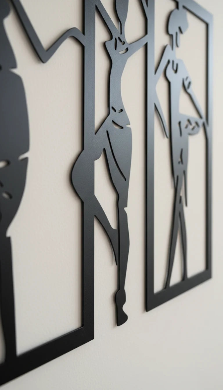Decorative wall art with silhouettes of people on a plain background