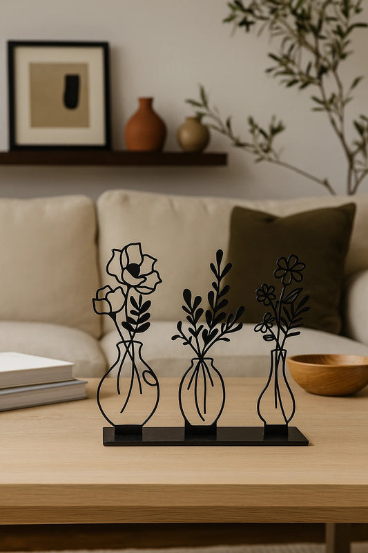 Decorative metal flower arrangement on a wooden table with a cozy living room background.