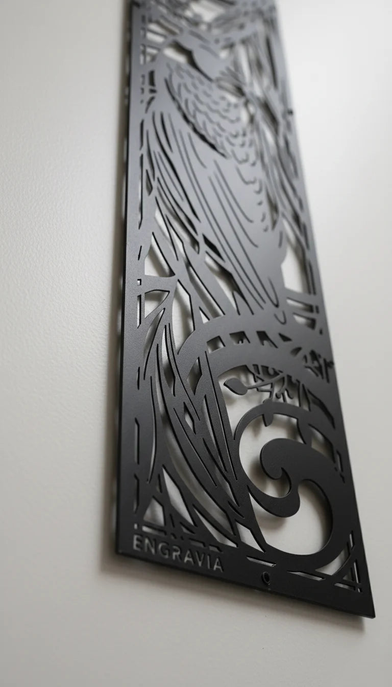 Decorative metal panel with intricate cut-out patterns on a white wall