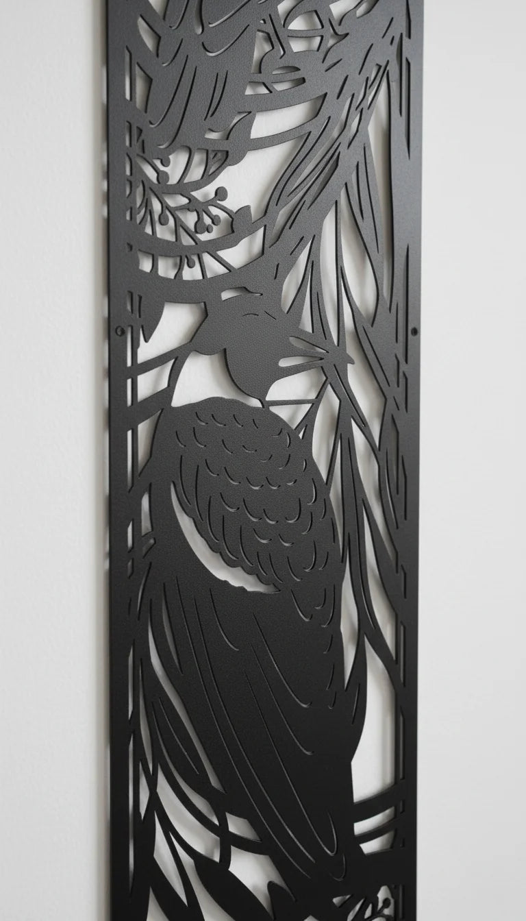Decorative metal panel with cut-out design of a bird and leaves on a white background