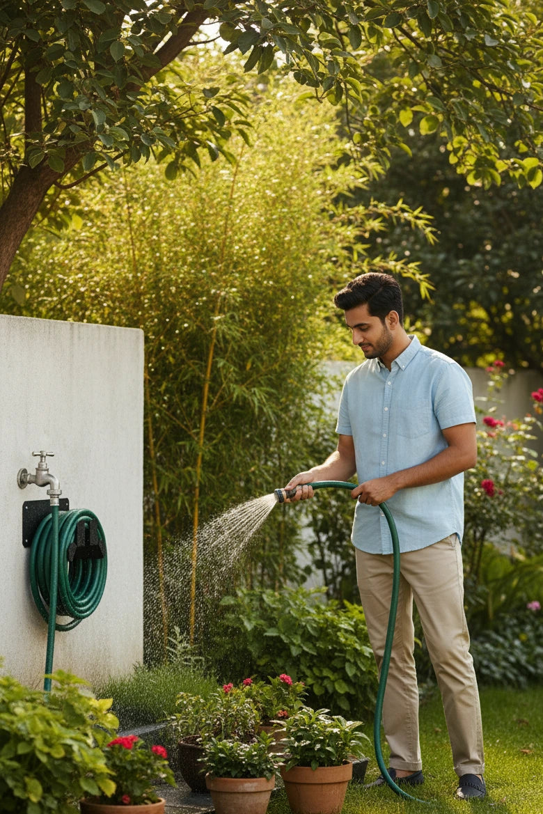 Man watering plants in a garden with a hose on a hose holder