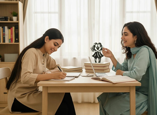 Two girls sitting at a table with books and a laptop, engaged in a discussion. Decorative motive / table decor behind them on books.