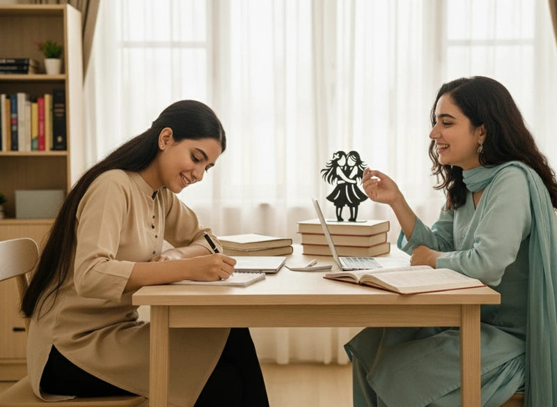Two women sitting at a table with books and a laptop, engaged in a discussion. Decorative motive / table decor behind them on books.