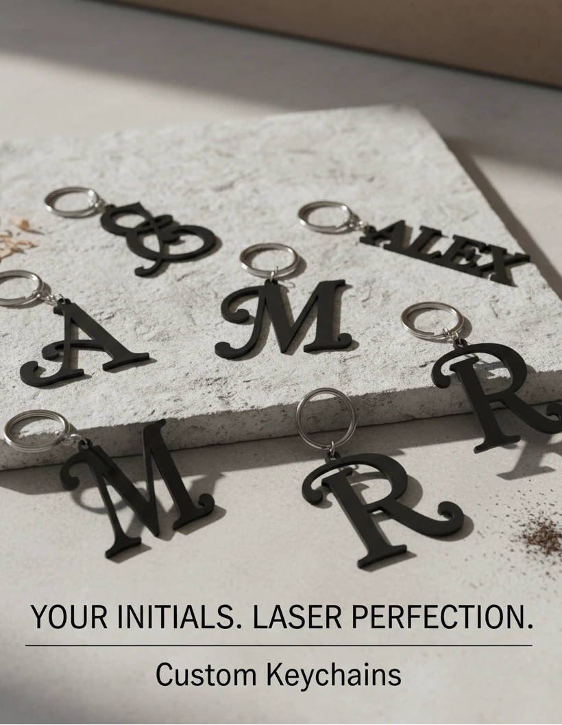 Black letter keychains on a concrete surface with text 'Your initials. Laser perfection. Custom Keychains'.
