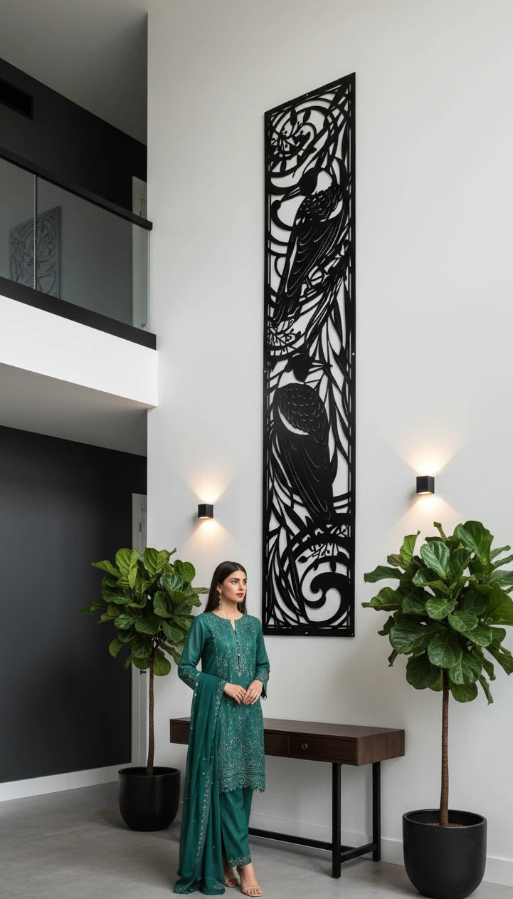 Woman in a teal dress standing in a modern interior with decorative wall art and plants.