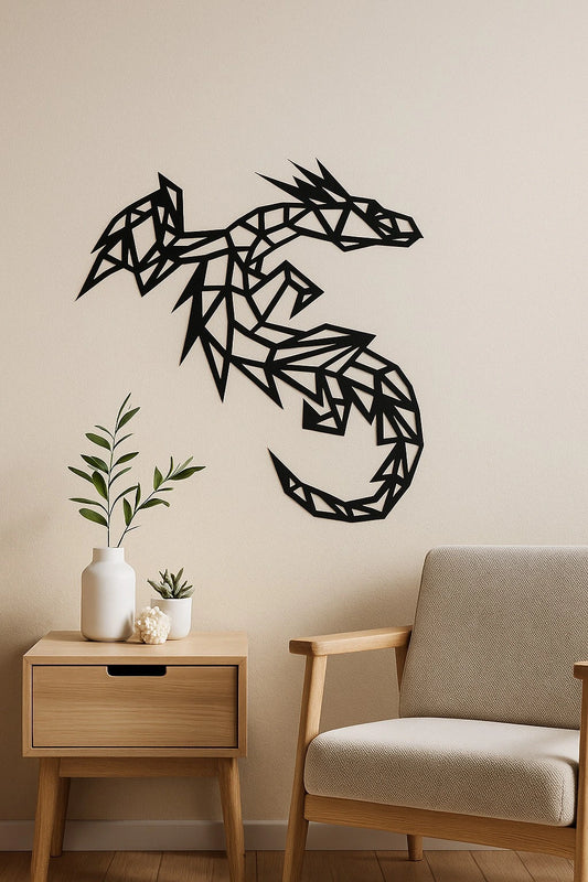 mini dragon wall panel over a chair and a vase on table