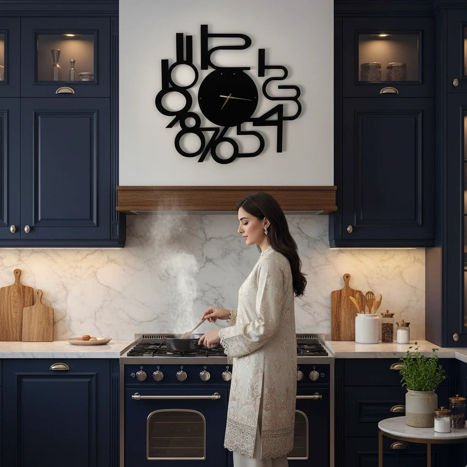 Woman cooking in a modern kitchen with blue cabinets and a decorative wall clock.