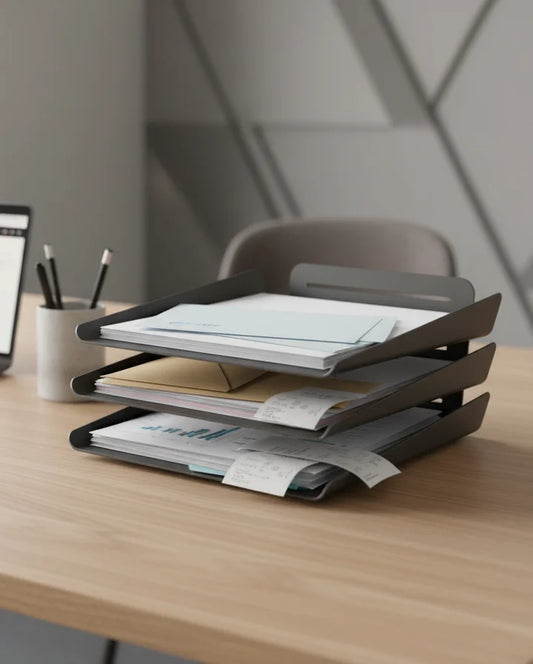 Three-tiered black desk organizer with papers on a wooden desk.