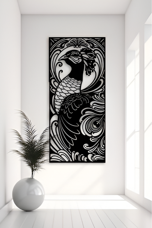 Black and white abstract wall art piece on a white wall in a minimalistic room.