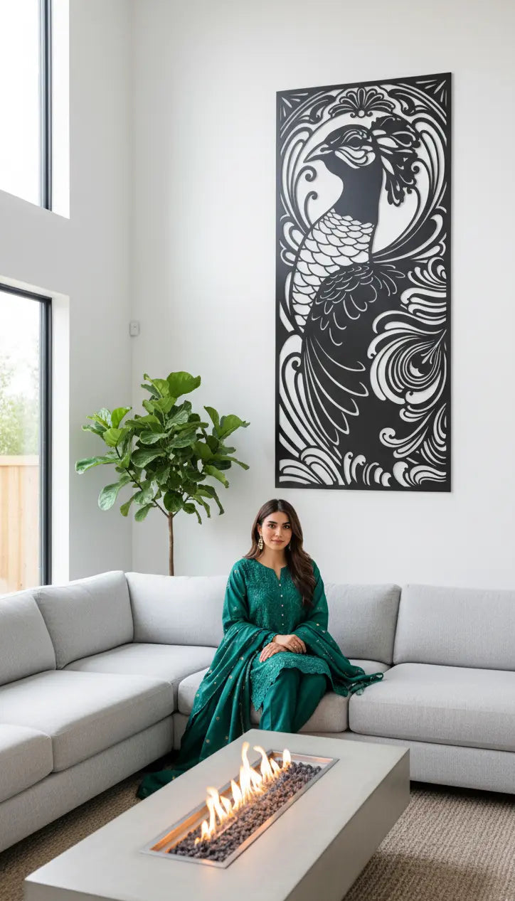 Woman in a green dress sitting on a white couch in a modern living room with a decorative wall art piece.