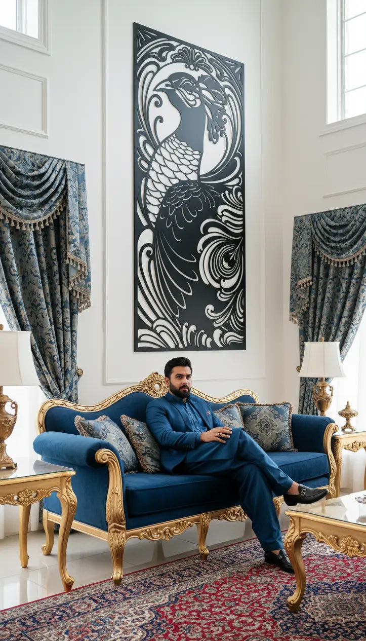 Man sitting on a blue sofa in a luxurious living room with decorative elements.
