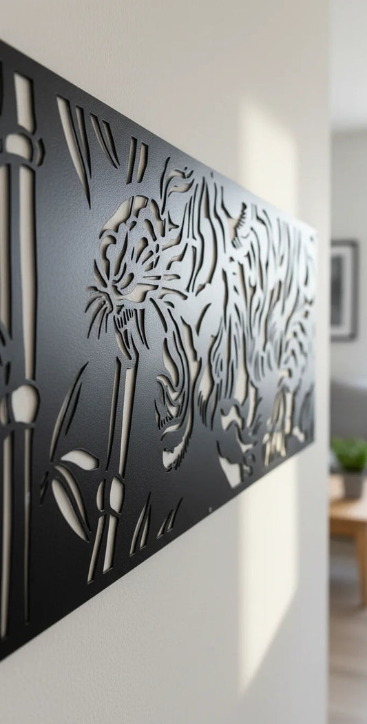 Decorative metal panel with tiger design on a wall in a modern interior setting.