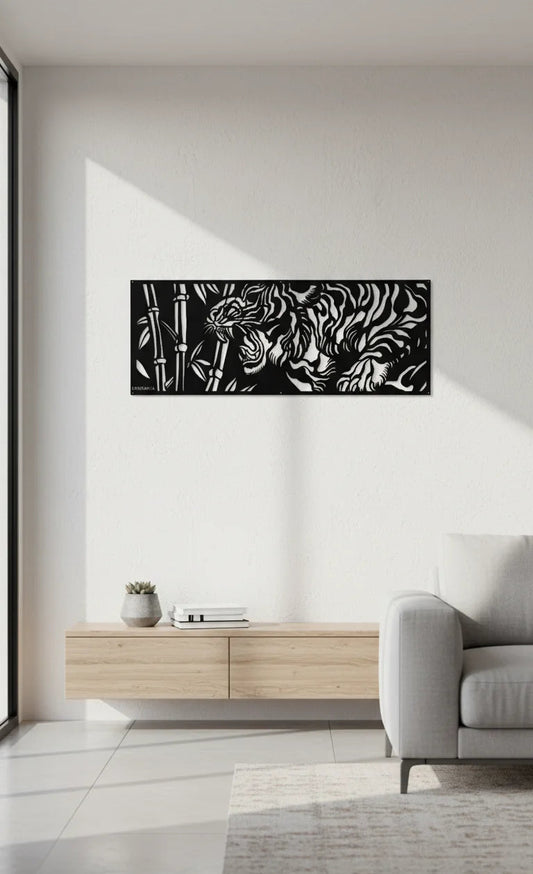 Modern living room with a decorative wall art piece featuring black and white patterns.