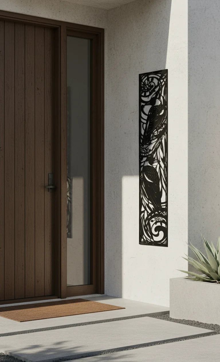 Modern entrance with a brown door, decorative metal panel, and a doormat.