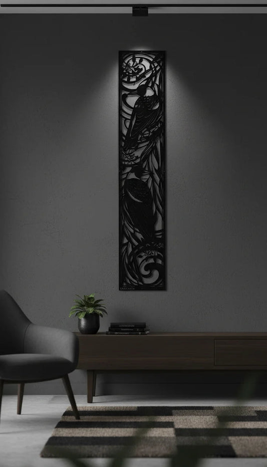 Decorative wall art on a dark gray wall with a modern interior setting.